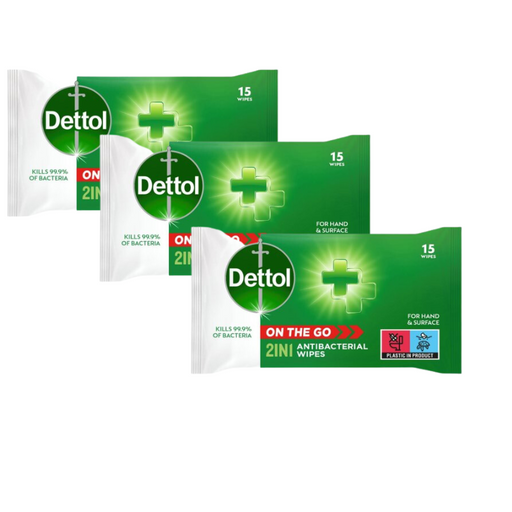 Dettol 2-In-1 Antibacterial Wipes- 15 Wipes
