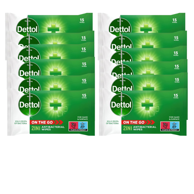 Dettol 2-In-1 Antibacterial Wipes- 15 Wipes